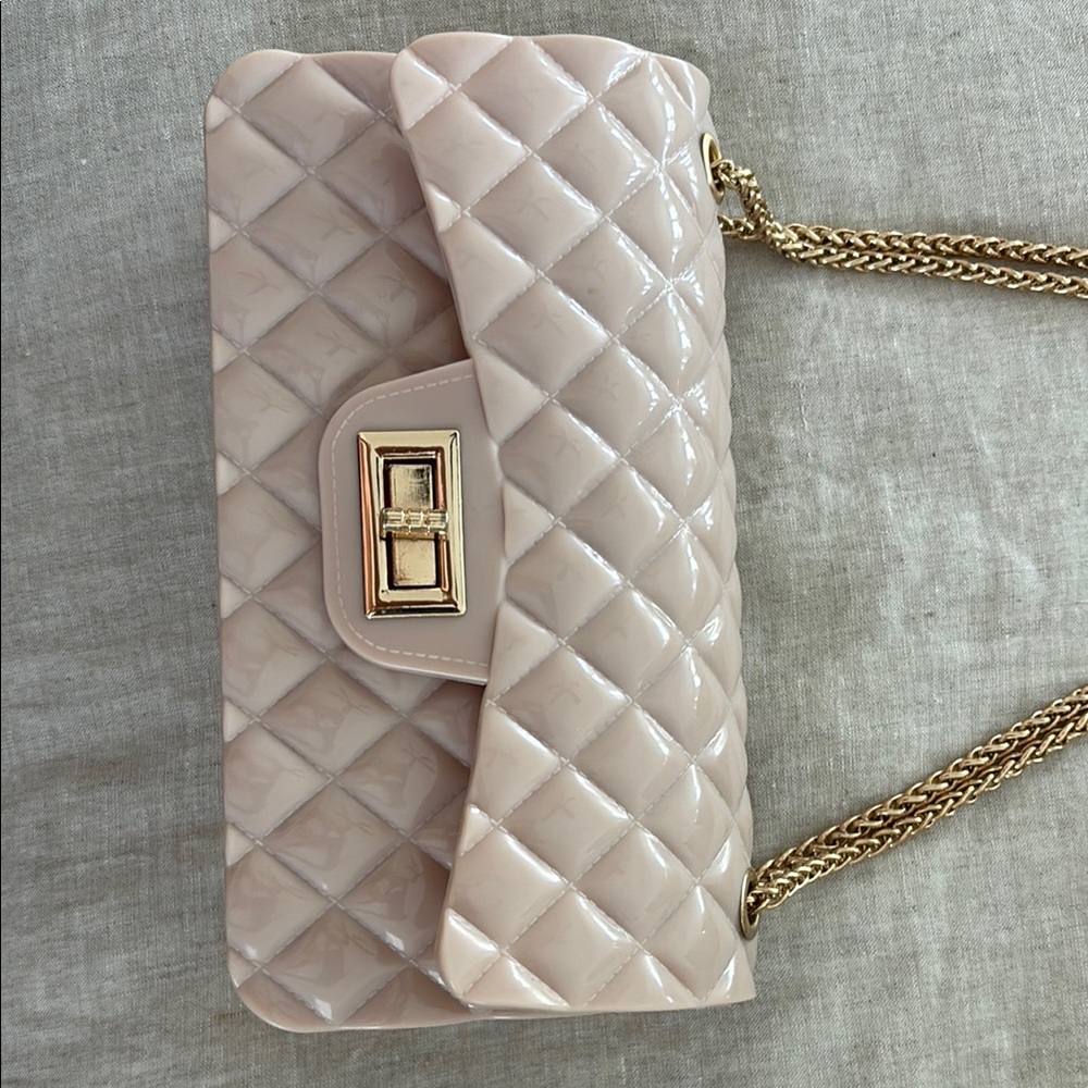Pink and Gold Quilted Plastic Shoulder Bag with Chain Strap